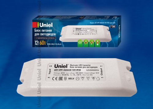 Блок питания для светодиодной ленты Uniel 12В UET-VPF-060A20 5А 60Вт IP20 180х52х30мм картинка 
